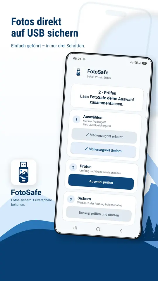 FotoSafe-Startansicht mit drei Schritten zur USB-Sicherung
