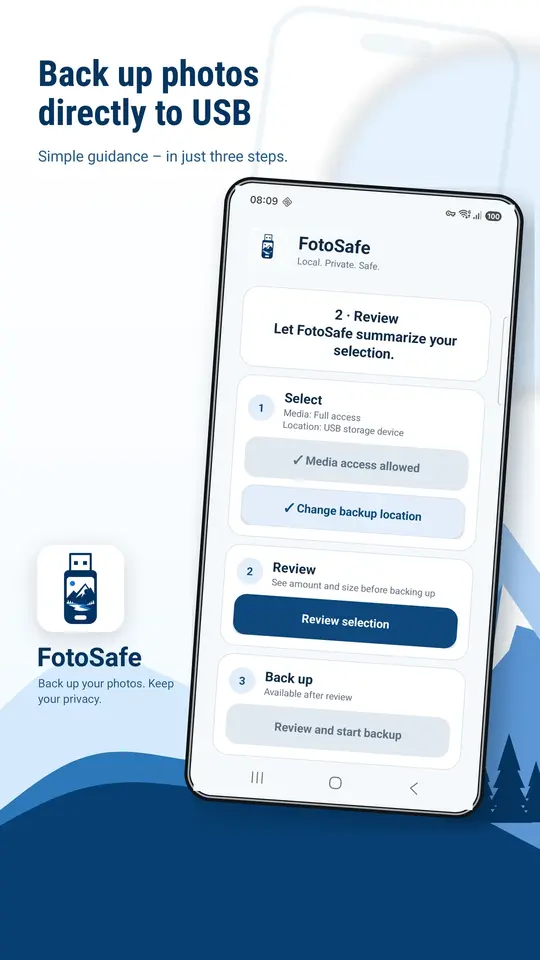 FotoSafe start screen showing the three-step USB backup flow