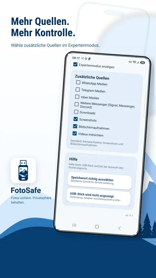 FotoSafe zeigt zusätzliche auswählbare Medienquellen